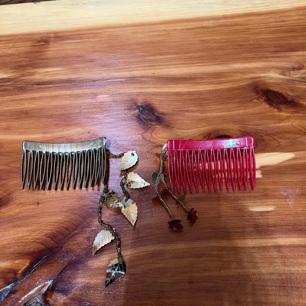 Vintage Hair Combs Y2K 1990's Plastic Beaded Topper Dangle Red Gold‎ Tone Leaves